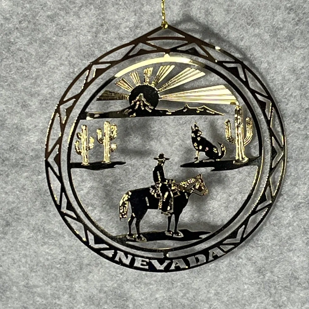 Nevada Ornament Gold‎ Metal Cowboy Horse Desert Christmas Nations Treasures Box